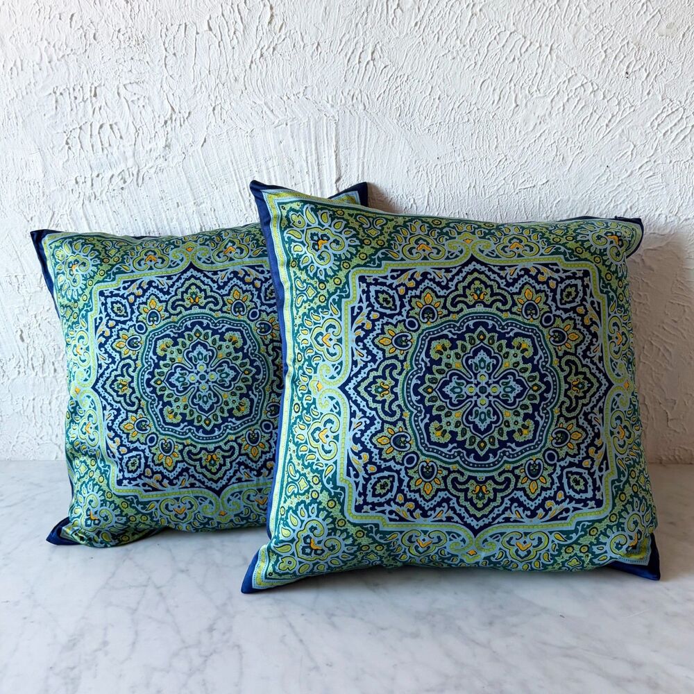 Pottery Barn 2 Medallion Throw Pillows 18x18 Blue Green Silk/Cotton Feather